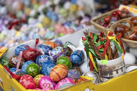 Hand painted Easter eggs and pomlazka at Prague market Stock Photos