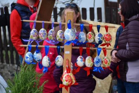 Hand-Painted Easter Eggs with Colorful Floral Designs at Hollókő Easter Festival Stock Photos