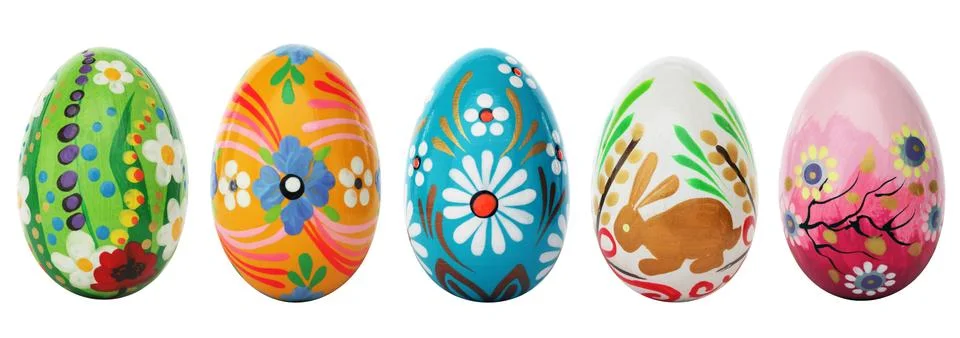 Hand painted Easter eggs isolated on white. Spring patterns art. 스톡 사진