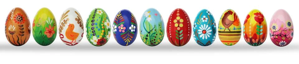 Hand painted Easter eggs isolated on white. Spring patterns Stock-Fotos