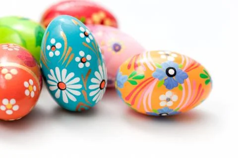 Hand painted Easter eggs on white. Spring patterns art, unique. Stock Photos