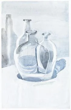 Hand painted empty glass bottles on table イラスト素材