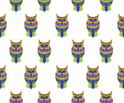 Hand painted fabric pattern brightly colored owl white background seamless Stock Illustration