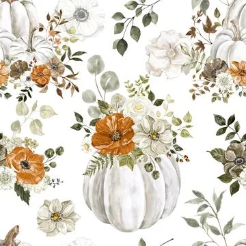 Hand-painted fall themed digital paper. Pumpkins and flowers seamless pattern Stock Illustration