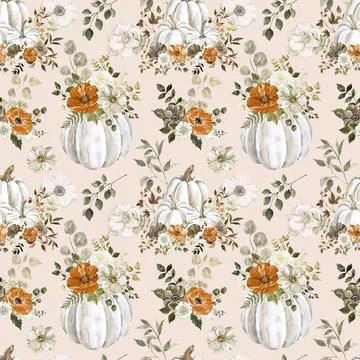 Hand-painted fall themed digital paper. Pumpkins and flowers seamless pattern Stock Illustration