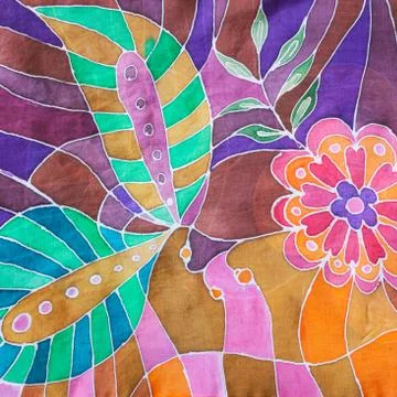 Hand painted floral pattern on silk batik scarf 스톡 사진