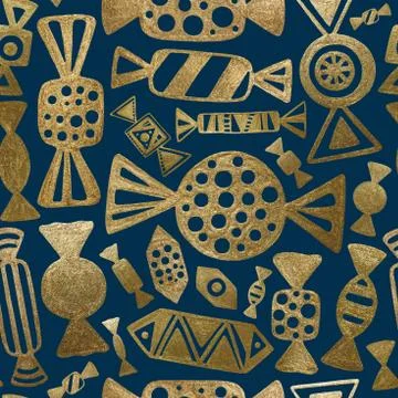 Hand painted gold candies pattern. Abstract sweets seamless background. Stock Illustration