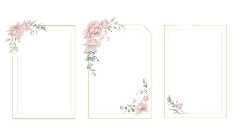 Hand painted Gold Frame Set with Dusty Pink Watercolor Flowers. Vector EPS Stock Illustration