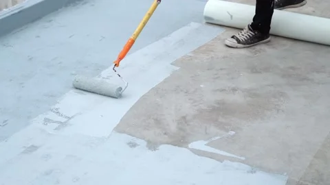 Hand painted gray flooring with paint rollers for waterproof, reinforcing net,Re Stock Footage 207842377