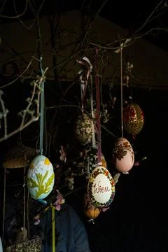Hand Painted Hanging Easter Eggs at Traditional Market Stock Photos