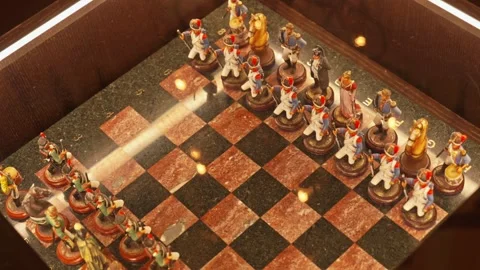 Hand painted historical chess set on marble board Stock Footage 334943728