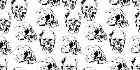 Hand-painted Human skull vector illustration at ink style. Seamless pattern Stock Illustration