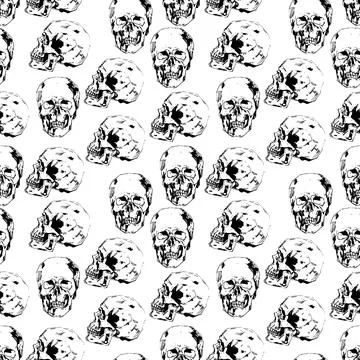 Hand-painted Human skull vector illustration at ink style. Seamless pattern Stock Illustration