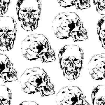Hand-painted Human skull vector illustration at ink style. Seamless pattern Stock Illustration
