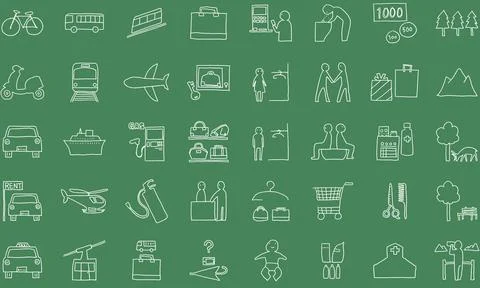 Hand-painted icon set 40 vehicles and public institutions Stock Illustration