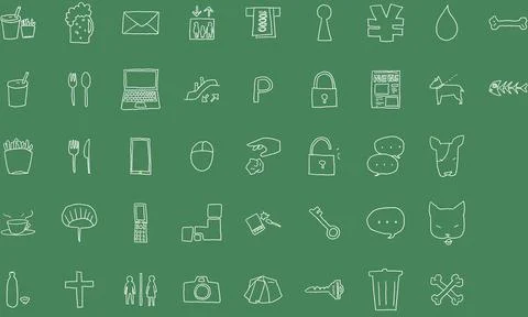 Hand-painted icon set 40 meals and personal computers, etc. Illustrazione stock