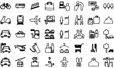 Hand-painted icon set 40 vehicles and public institutions Stock Illustration