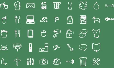 Hand-painted icon set 40 meals and personal computers, etc. Illustrazione stock