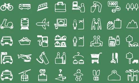 Hand-painted icon set 40 vehicles and public institutions Stock Illustration