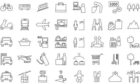 Hand-painted icon set 40 vehicles and public institutions Stock Illustration