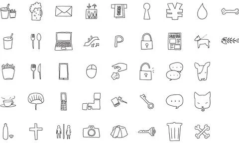 Hand-painted icon set 40 meals and personal computers, etc. Illustrazione stock