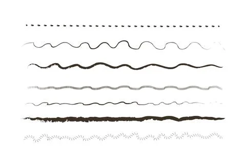 Hand painted ink brush set. Pack of pencils curved lines. Scribble border and Stock Illustration
