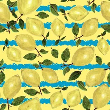 Hand painted lemons pattern on blue stripes yellow background. Stock Photos