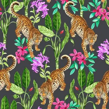 Hand painted leopard &amp; flowers pattern design Stock Illustration