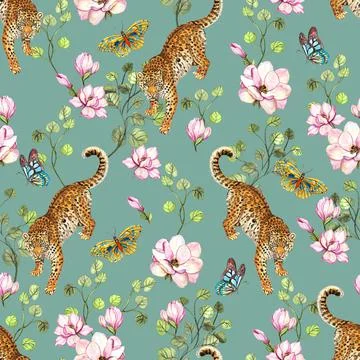 Hand painted leopard &amp; flowers pattern design Stock Illustration