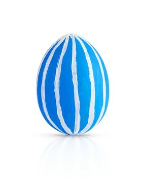 Hand painted light blue Easter egg decorated white lines isolated on white. Stock Photos