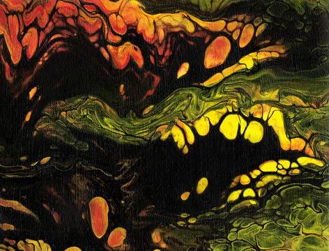 Hand painted marble liquid texture in black, red an yellow color. Illustrazione stock