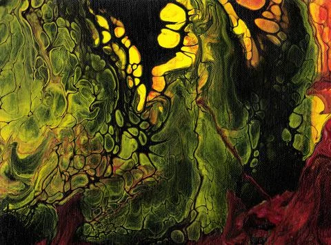 Hand painted marble liquid texture in black, red an yellow color. Illustrazione stock