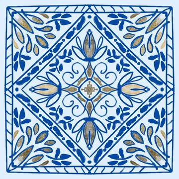 Hand Painted Mosaic Tile In Blue And White With Gold Highlights Stock Illustration