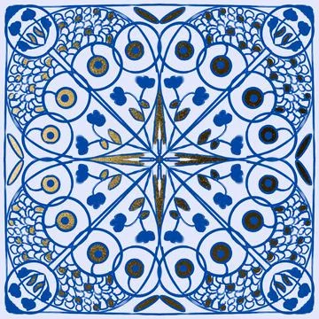 Hand Painted Mosaic Tile In Blue And White With Gold Highlights Stock Illustration