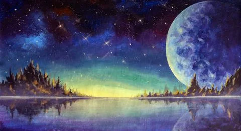 Hand painted oil painting big moon planet earth starry sky, dawn glow in sea  Stock Illustration