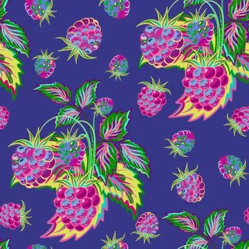 Hand painted pattern of bright colorful raspberry on blue backdrop. Fruit 스톡 일러스트