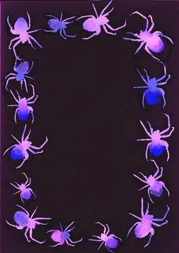 Hand painted pink spiders form a playful border on a dark background Stock Illustration