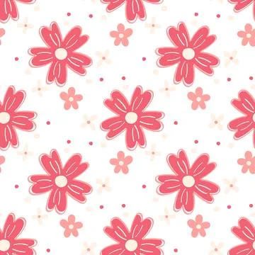Hand-painted red daisies with beige and light pink floral seamless pattern Stock Illustration