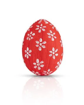 Hand painted red Easter egg decorated white flowers isolated on white. Stock Photos
