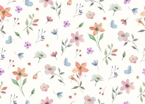 Hand painted seamless watercolor pattern with cute wildflowers. Vector EPS. Stock Illustration