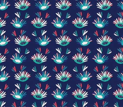 Hand Painted Vector Daisy Bold Summer Bloom Floral Motif Seamless Pattern Stock Illustration
