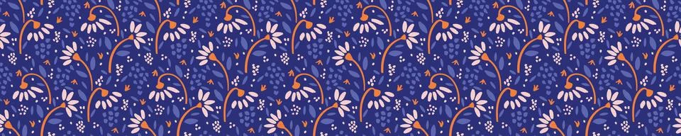 Hand Painted Vector Summer Bloom Floral Motif Seamless Banner Pattern. Pink Illustration