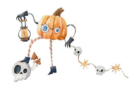 Hand painted watercolor illustration of a cute pumpkin character holding a .. Stock Illustration