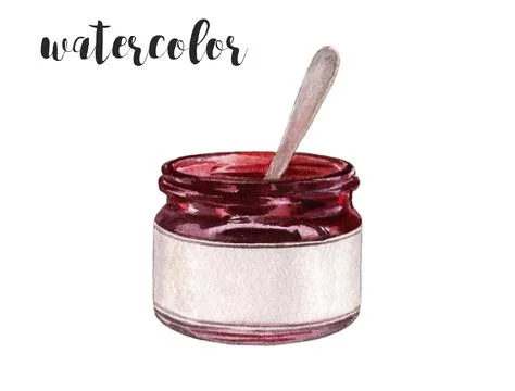Hand-Painted Watercolor Raspberry Jam in Glass Jar with Spoon Illustration Stock Illustration
