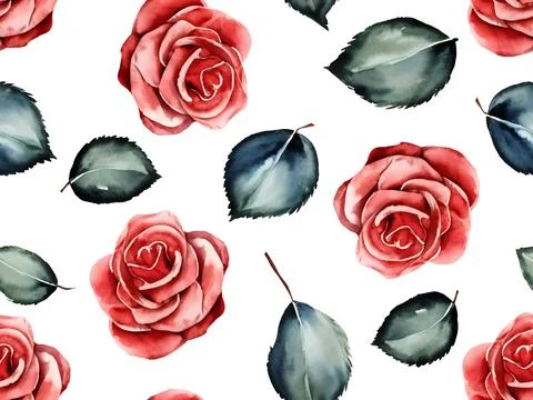 Hand painted watercolor seamless pattern with red roses and green leaves. Bright Illustrazione stock