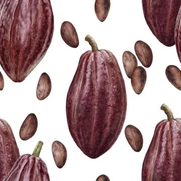 Hand-Painted Watercolor Seamless Pattern with Cocoa Fruits and Beans Illustrazione stock