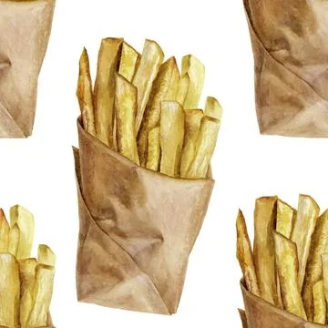 Hand-Painted Watercolor Seamless Pattern of French Fries in Kraft Paper Packs Stock Illustration