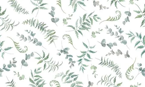 Hand painted watercolor seamless pattern with fern. Vector EPS. Stock Illustration