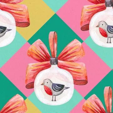 Hand-painted watercolor seamless pattern featuring glass baubles with robin.. Stock Illustration
