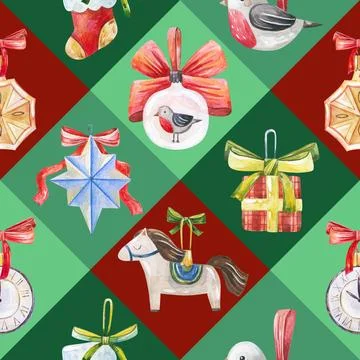 Hand-painted watercolor seamless pattern featuring vintage Christmas orname.. Stock Illustration